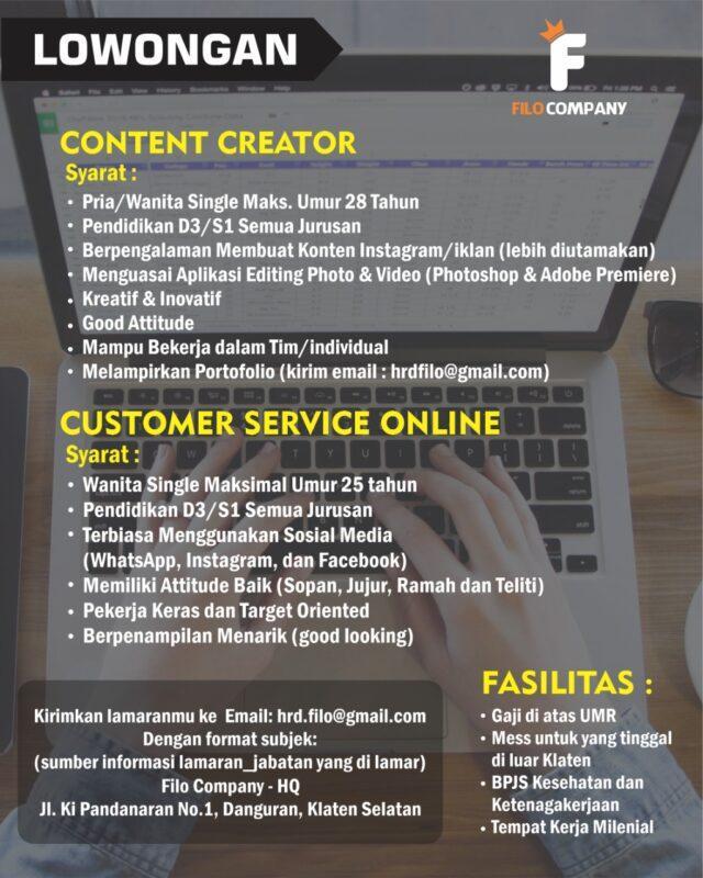 Lowongan Kerja Customer Service Online - Content Creator di Filo