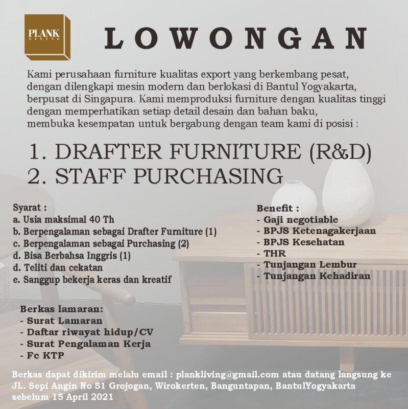 Lowongan Kerja Drafter Furniture ( R&D) - Staff Purchasing di PT. Plank