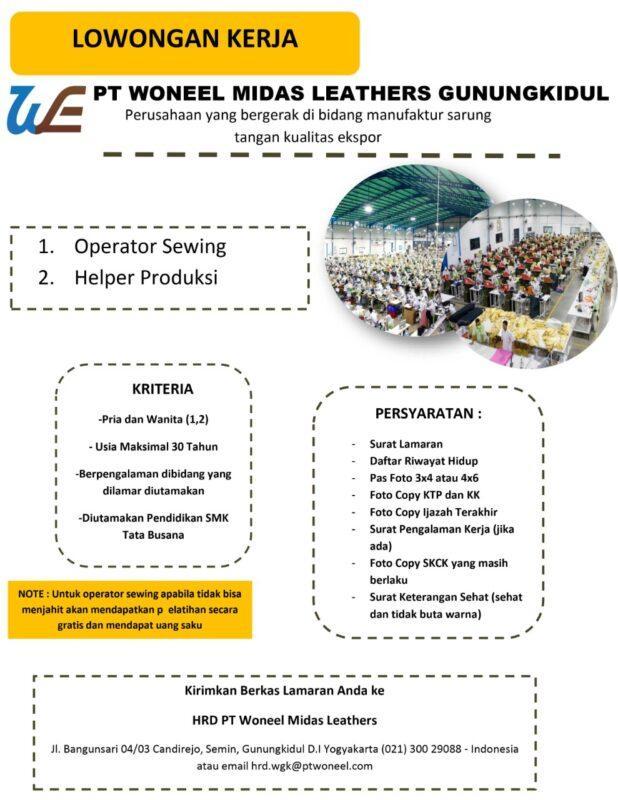 Lowongan Kerja Operator Sewing Helper Produksi Di Pt Woneel Midas Leathers Lokerjogja Id