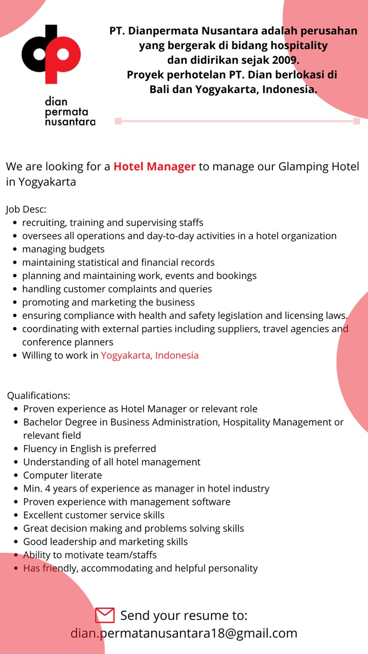 Lowongan Kerja Hotel Manager di PT. Dianpermata Nusantara - LokerJogja.ID