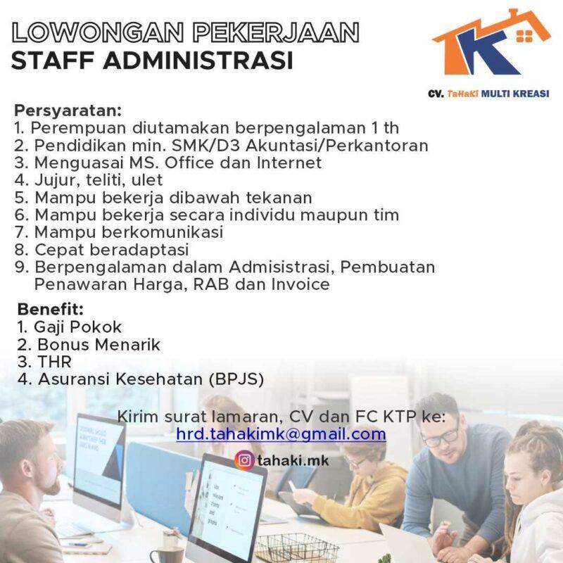 Lowongan Kerja Staff Administrasi di CV. Tahaki Multi Kreasi ...