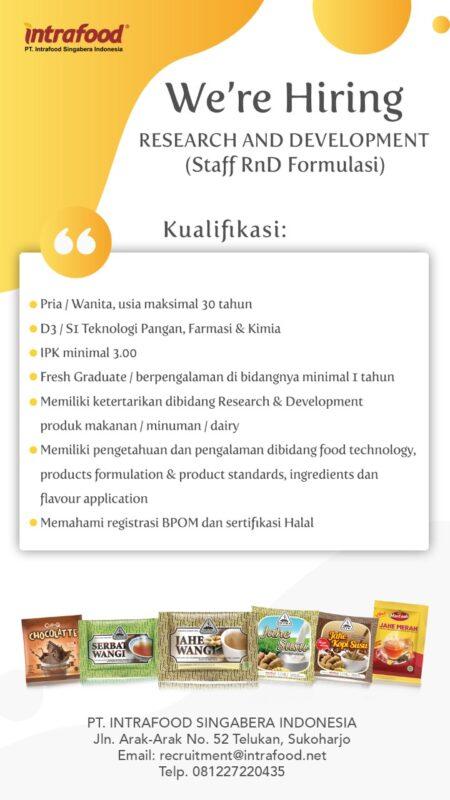 loker Staff Formulasi R&D PT Intrafood Singabera Indonesia
