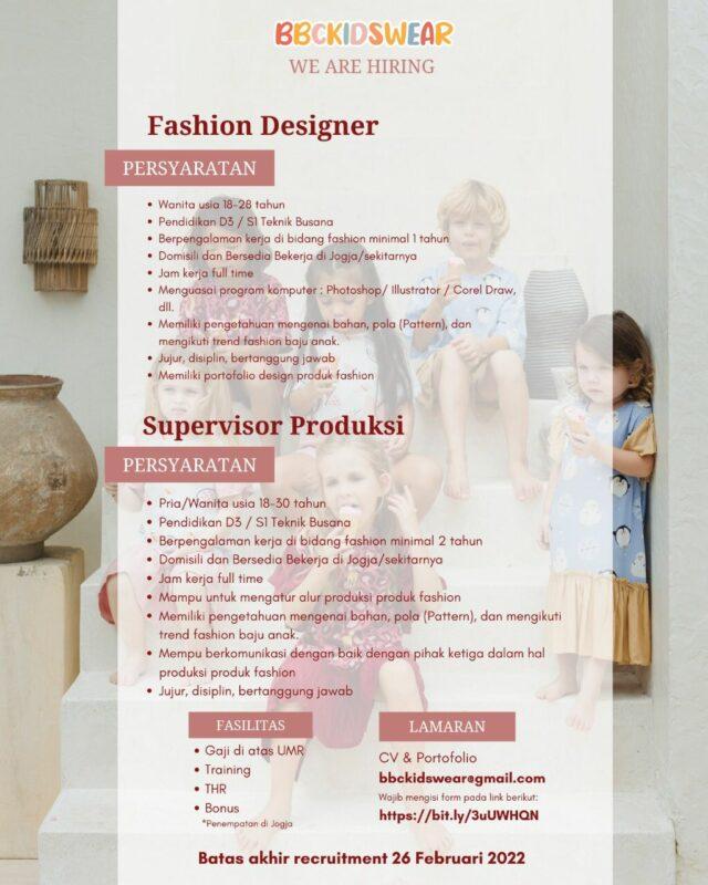Lowongan Kerja Fashion Designer Supervisor Produksi di BBCKIDSWEAR