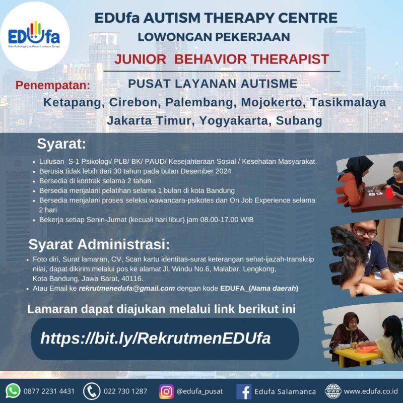 Lowongan Kerja Junior Behavior Therapist di EDUFA Autism Therapy Center ...