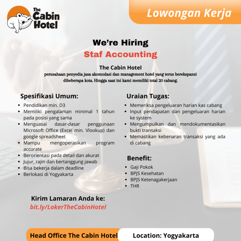 Lowongan Kerja Staff Accounting di The Cabin Hotel - LokerJogja.ID