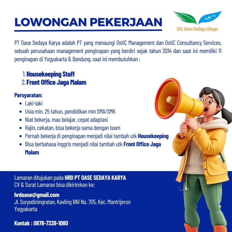 Lowongan Kerja Housekeeping Staff - Front Office Jaga Malam di PT. Oase ...