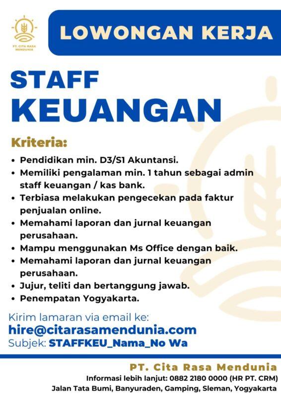Lowongan Kerja Staff Keuangan di PT. Cita Rasa Mendunia - LokerJogja.ID