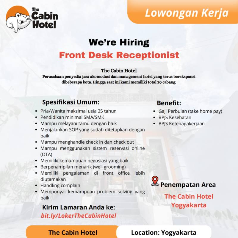Lowongan Kerja Front Desk Receptionist - Security di The Cabin Hotel ...