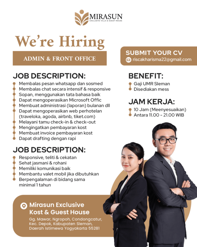 Lowongan Kerja Admin & Front Office di MIRASUN Exclusive Kost & Guest ...
