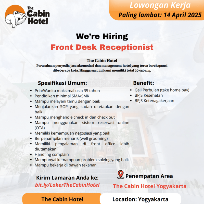 Lowongan Kerja Front Desk - Housekeeping di The Cabin Hotel - LokerJogja.ID