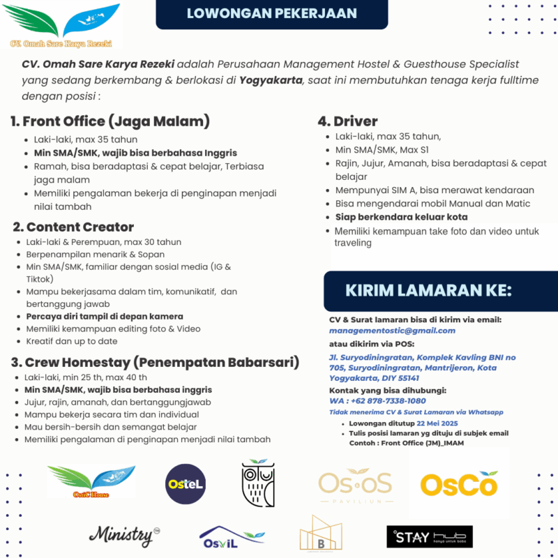 Lowongan Kerja Front Office (Jaga Malam) - Content Creator - Crew ...