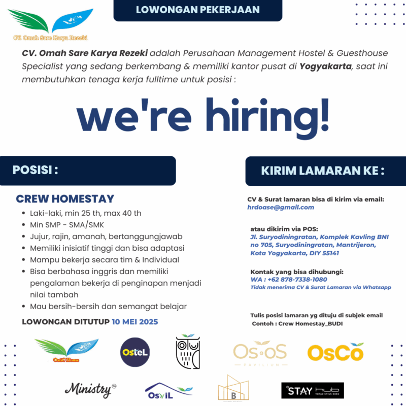 Lowongan Kerja Crew Homestay di CV. Omah Sare Karya Rezeki - LokerJogja.ID