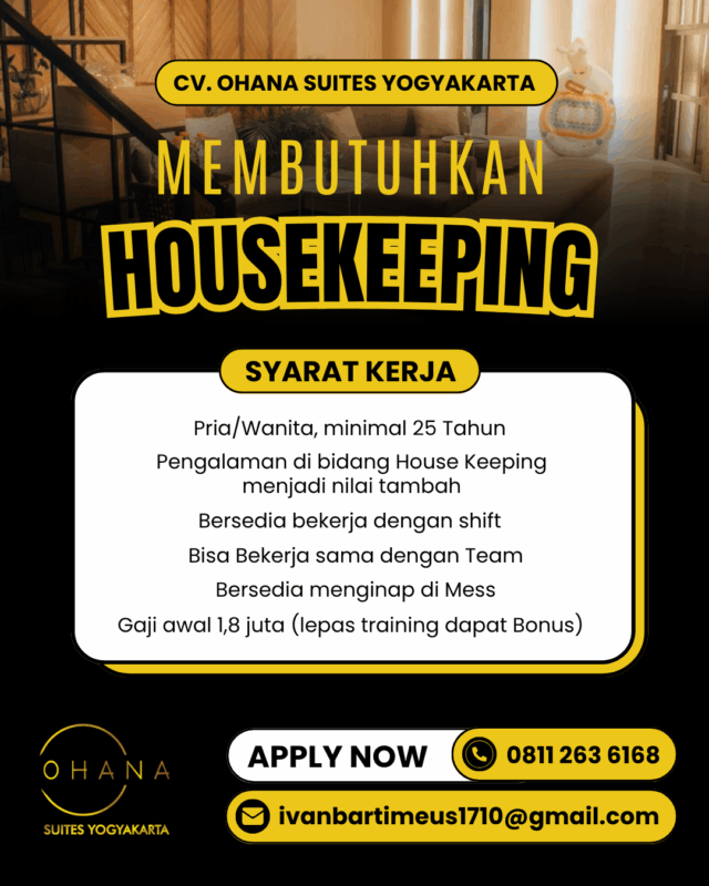 Lowongan Kerja Housekeeping di Ohana Suites Yogyakarta - LokerJogja.ID