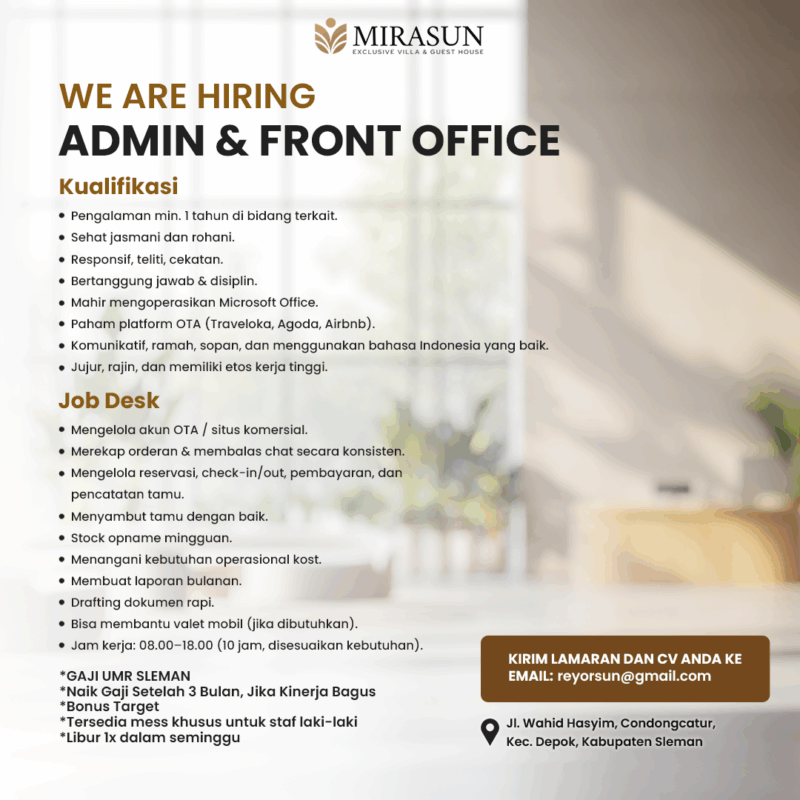 Lowongan Kerja Admin & Front Office di MIRASUN Exclusive Kost & Guest ...