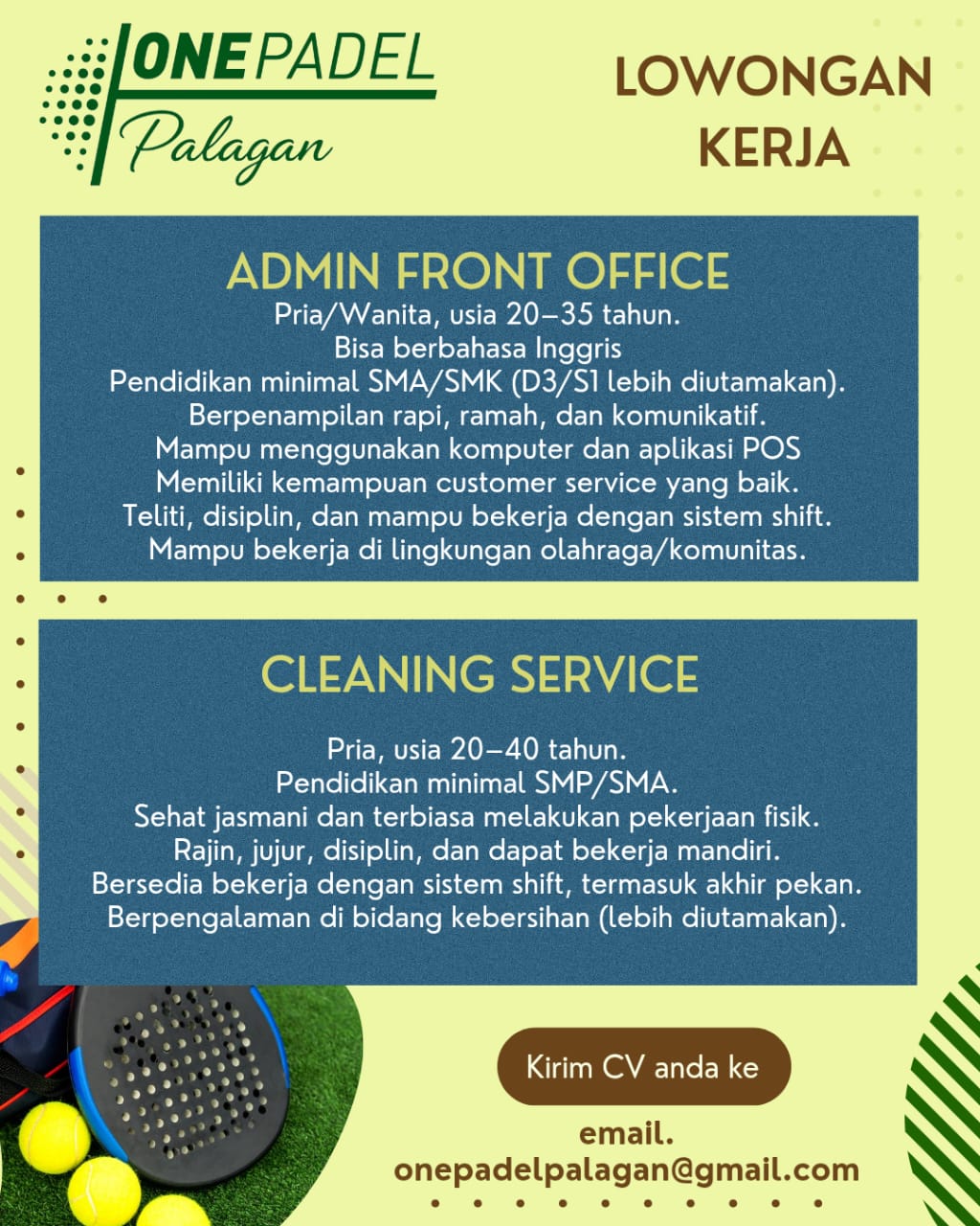 Lowongan Kerja Admin Front Office - Cleaning Service di One Padel ...