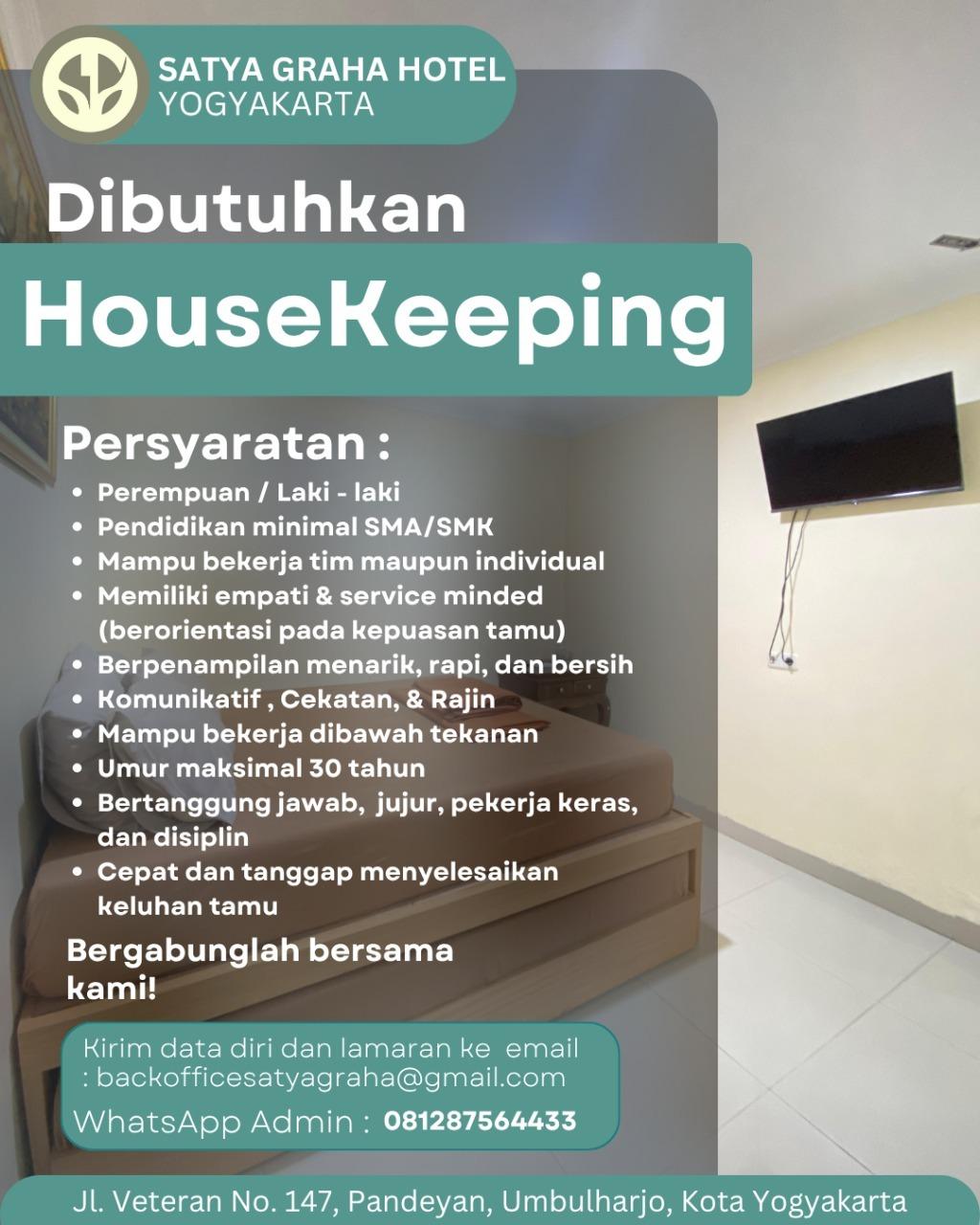 Lowongan Kerja Housekeeping - Teknisi di Satya Graha Hotel - LokerJogja.ID
