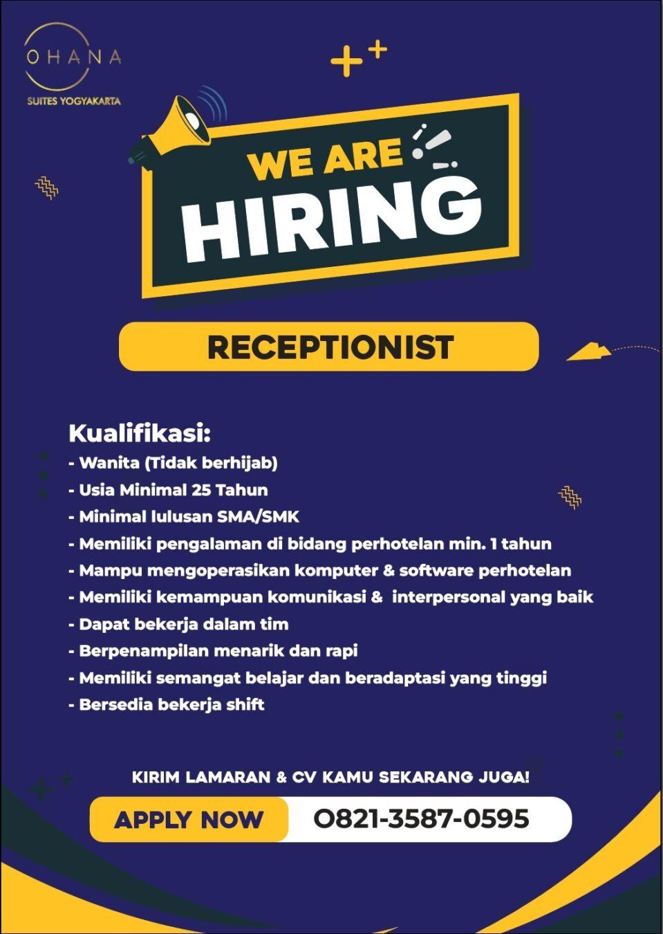Lowongan Kerja Receptionist di Ohana Suites Yogyakarta - LokerJogja.ID