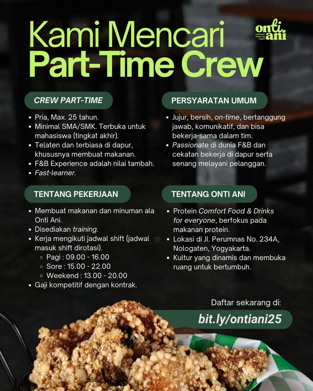 Lowongan Kerja Part Time Crew di Onti Ani - LokerJogja.ID