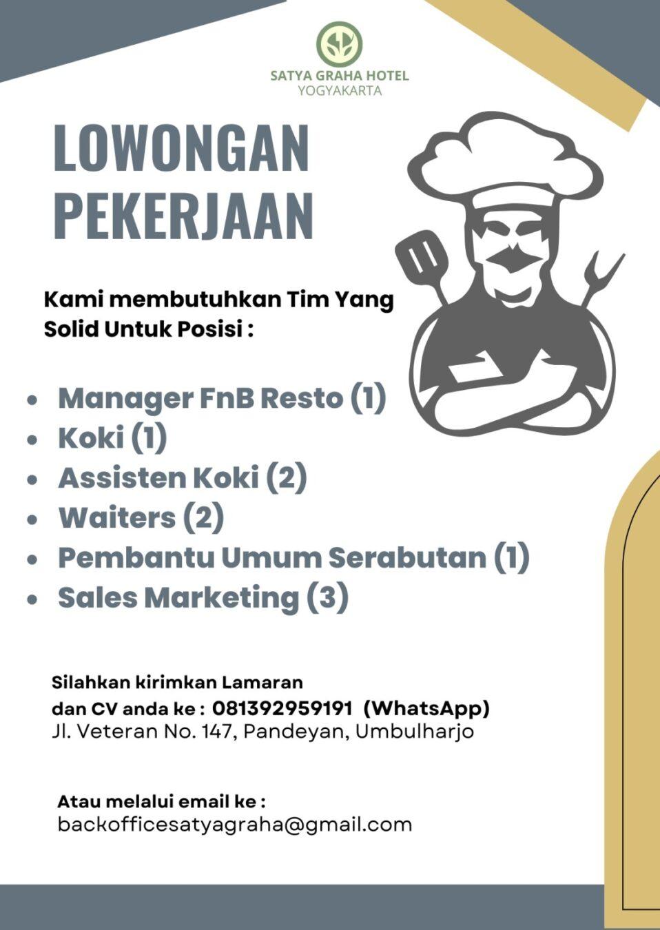 Lowongan Kerja Manager FnB Hotel - Koki - Asisten Koki - Waiters ...