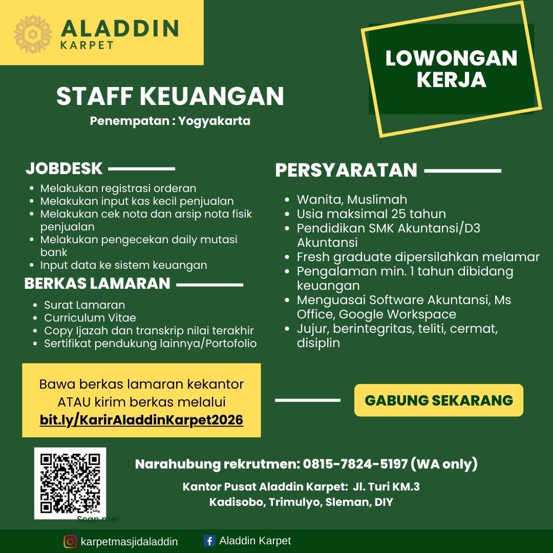 Lowongan Kerja Staff Keuangan di Aladdin Karpet - LokerJogja.ID