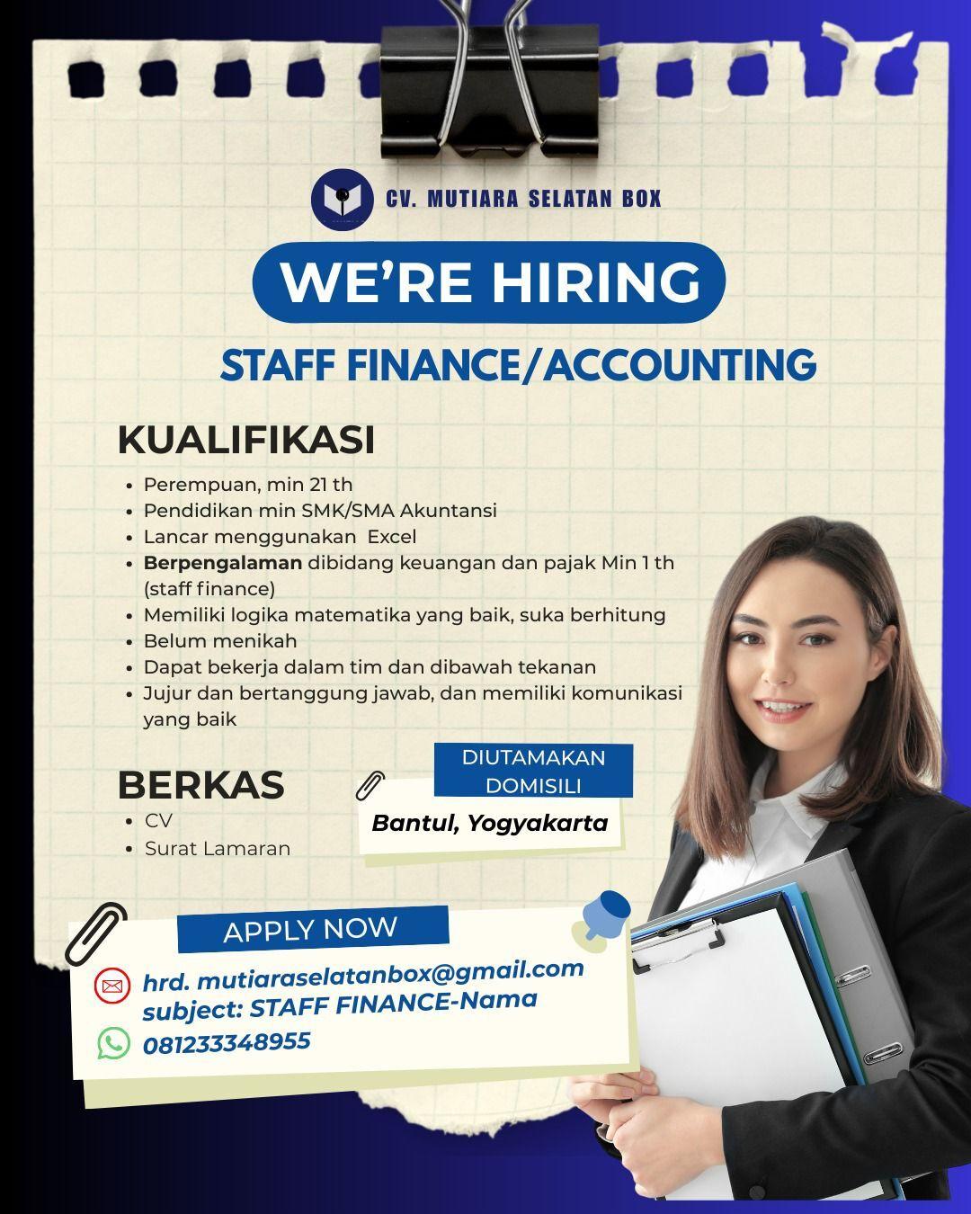 Lowongan Kerja Staff Finance/Accounting di CV. Mutiara Selatan Box ...