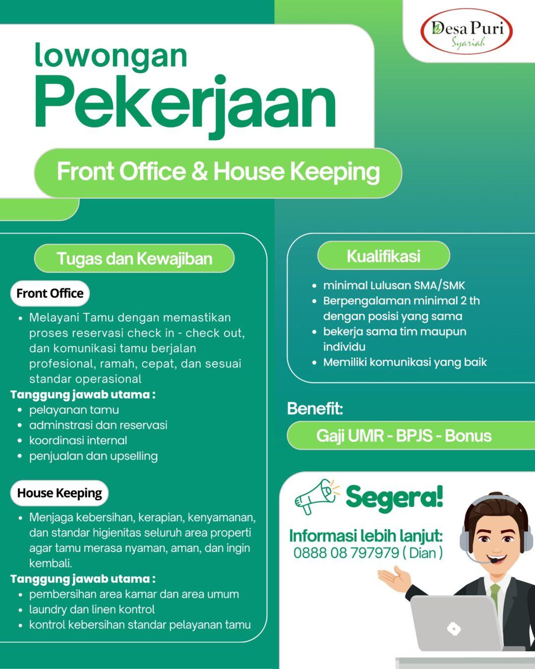 Lowongan Kerja Front Office - House Keeping di Hotel Desa Puri Syariah ...