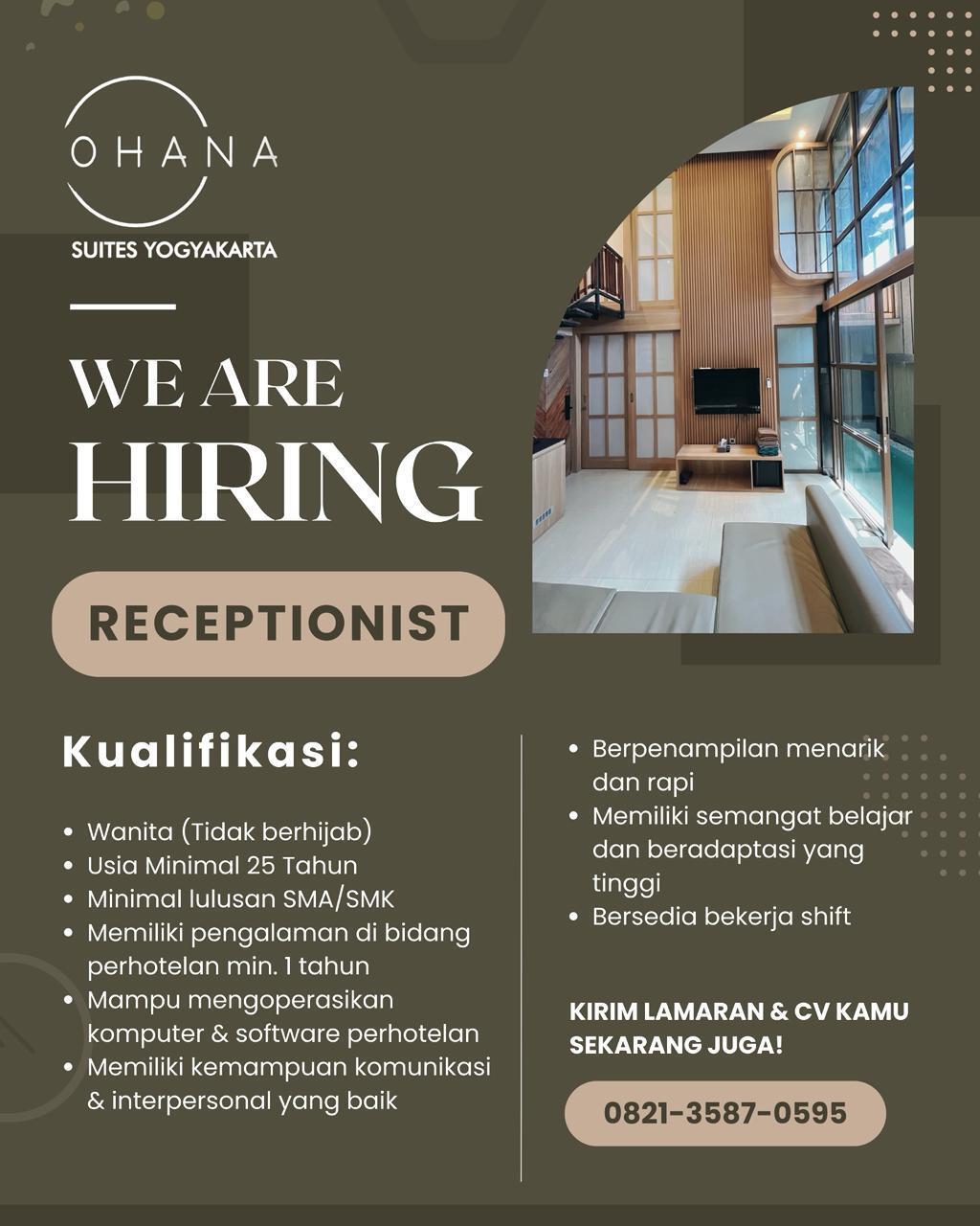 Lowongan Kerja Receptionist di Ohana Suites Yogyakarta - LokerJogja.ID