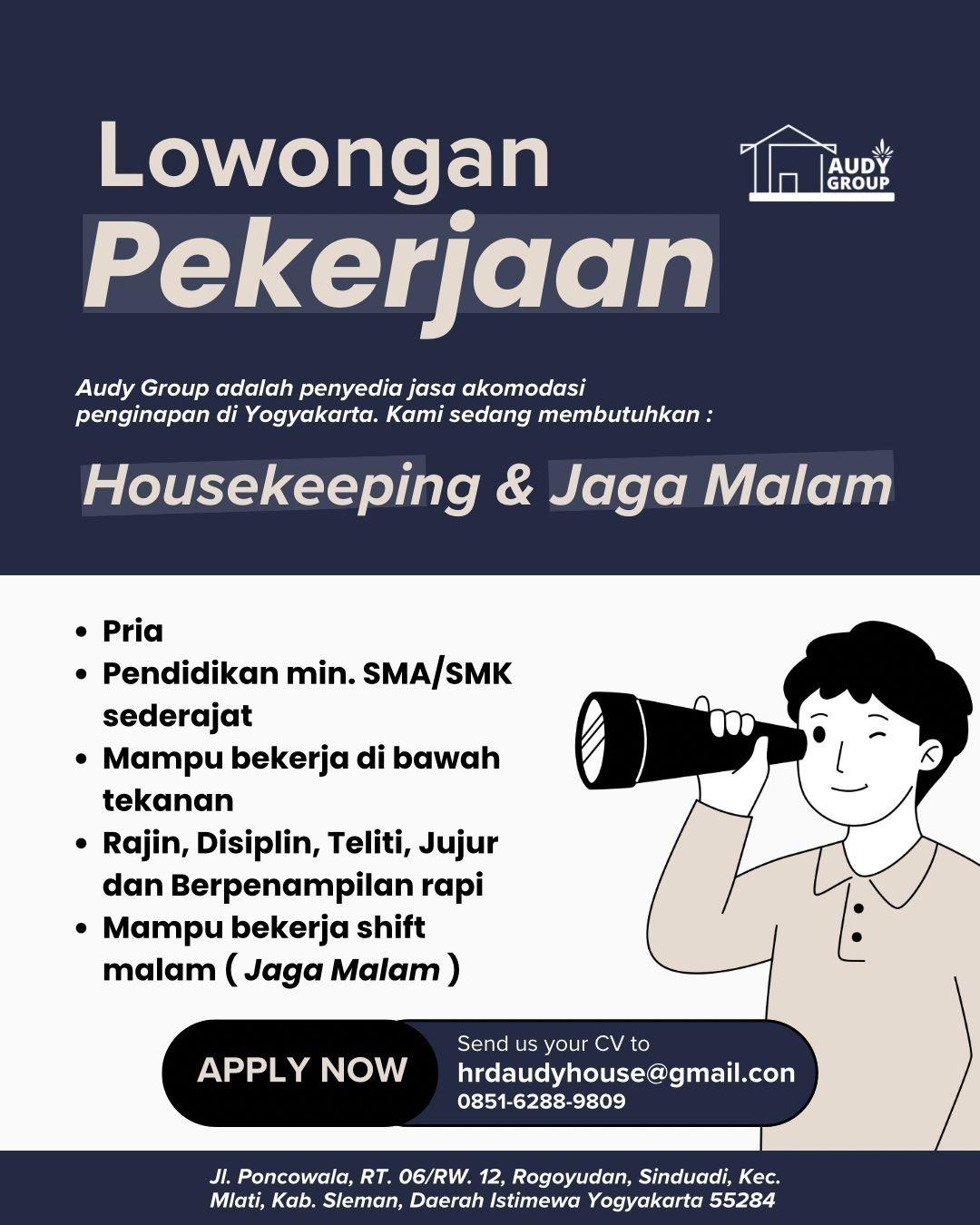 Lowongan Kerja Housekeeping - Jaga Malam di Roemah Audy - LokerJogja.ID