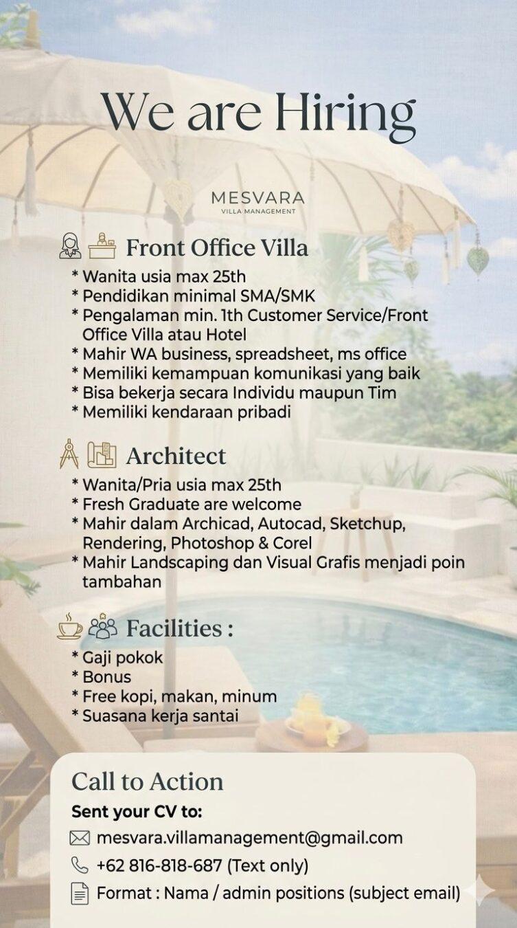 Lowongan Kerja Front Office Villa - Architect di Mesvara.id - LokerJogja.ID