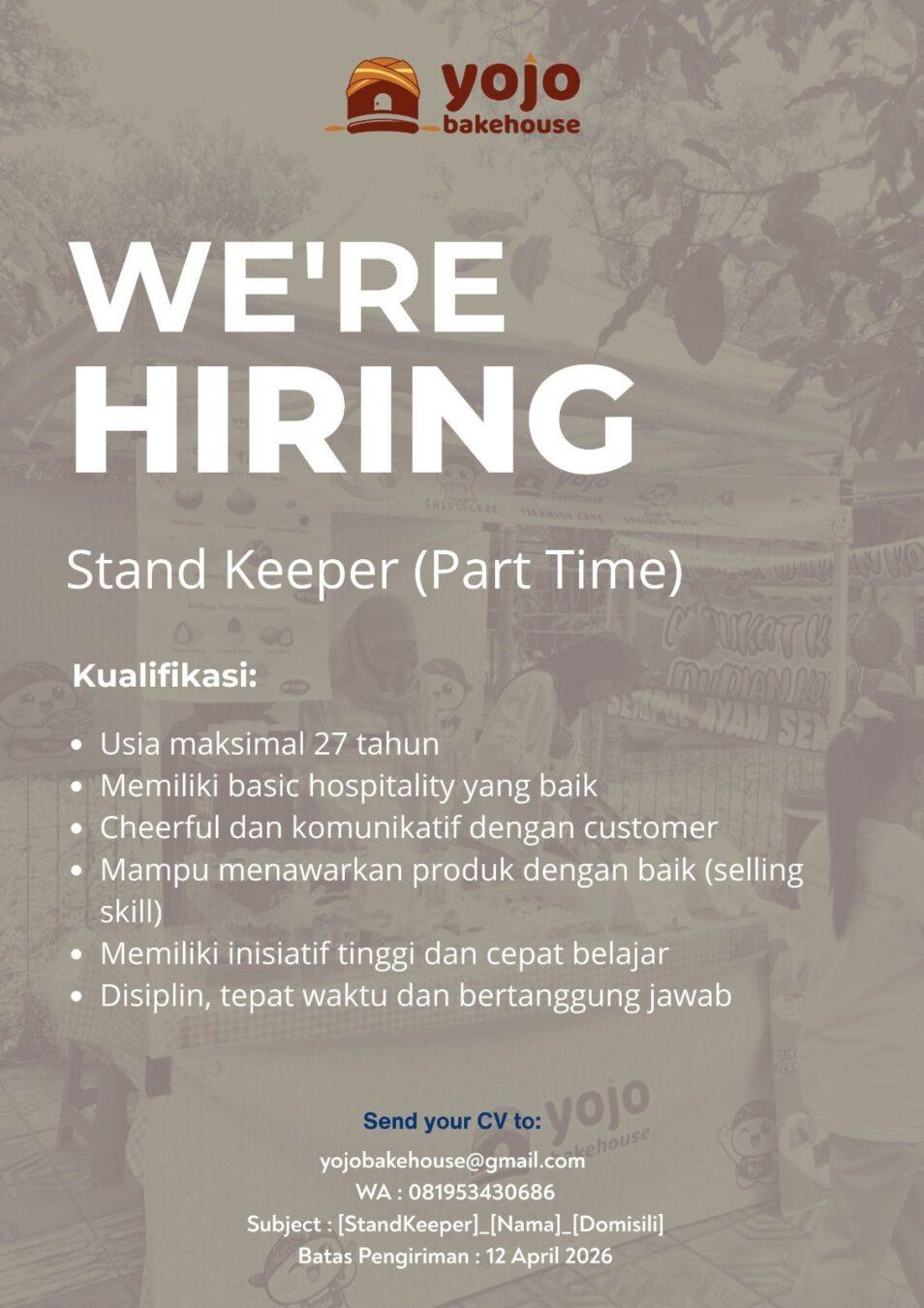 Lowongan Kerja Stand Keeper (Part Time) di Yojobakehouse - LokerJogja.ID