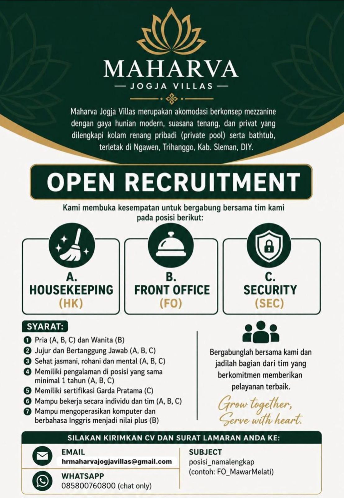 Lowongan Kerja Housekeeping - Front Office - Security di Maharva Jogja ...