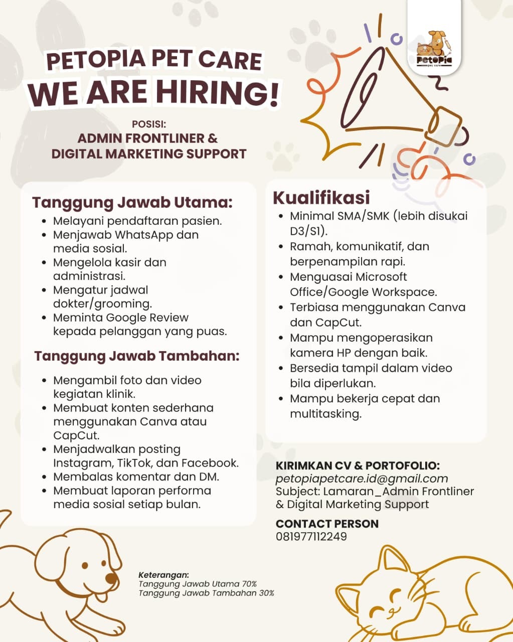 Lowongan Kerja Admin Frontliner & Digital Marketing Support di Petopia Petcare - LokerJogja.ID