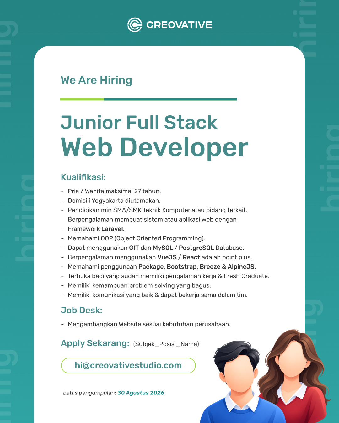 Lowongan Kerja Junior Full Stack Web Developer di Creovative Studio ...