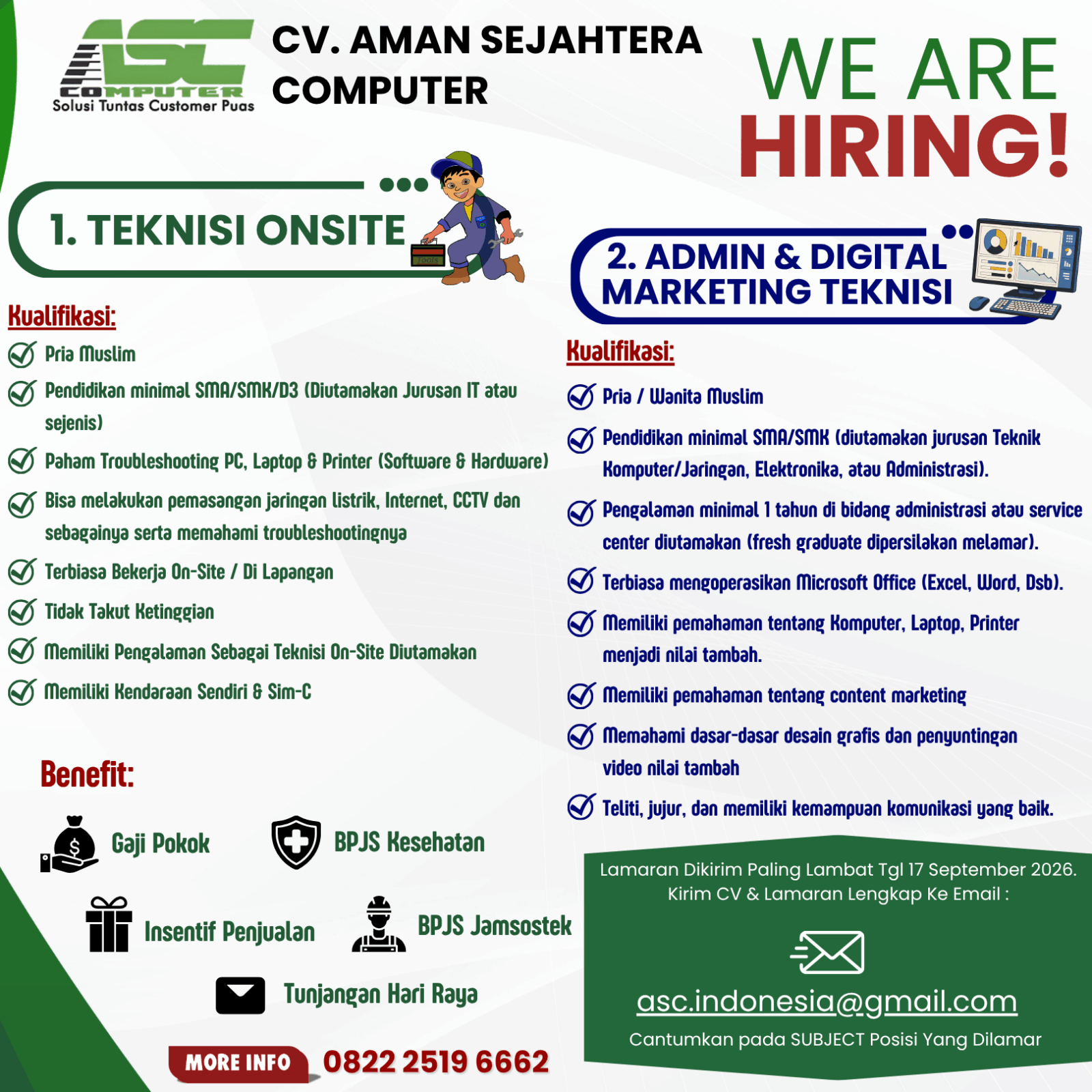 Lowongan Kerja Teknisi Onsite - Admin & Digital Marketing Teknisi PT. Aman Sejahtera Computama - LokerJogja.ID