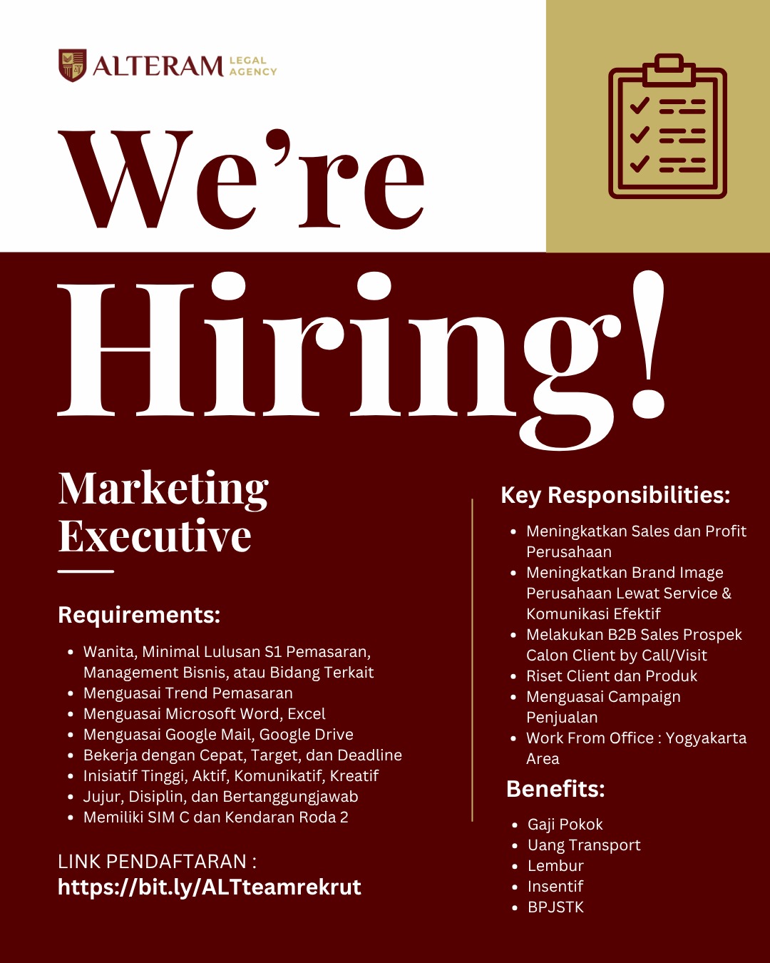Lowongan Kerja Marketing Executive di Alteram Legal Agency (PT ...