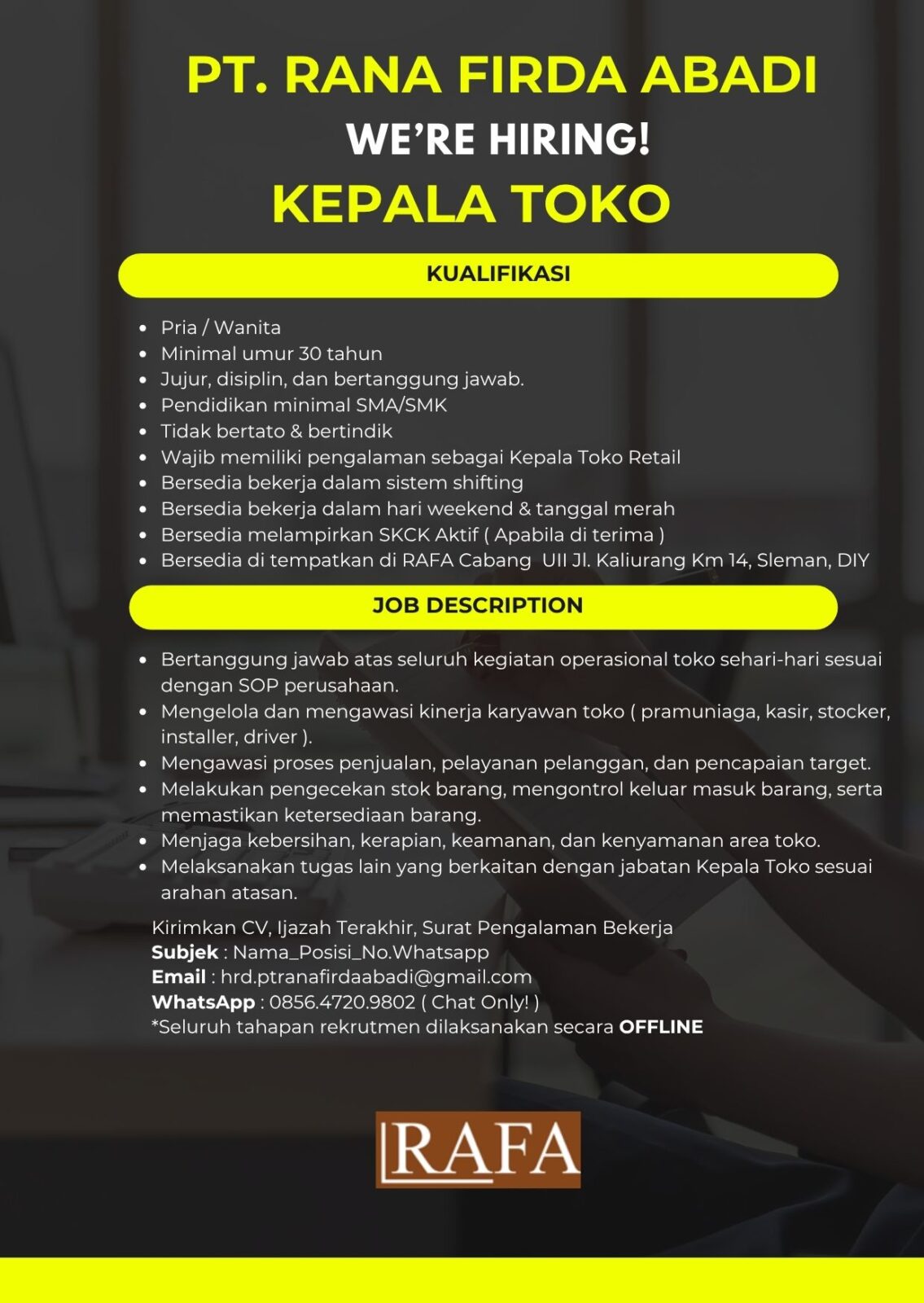 Lowongan Kerja Kepala Toko - Pramuniaga - Driver - Staff Produksi di PT ...