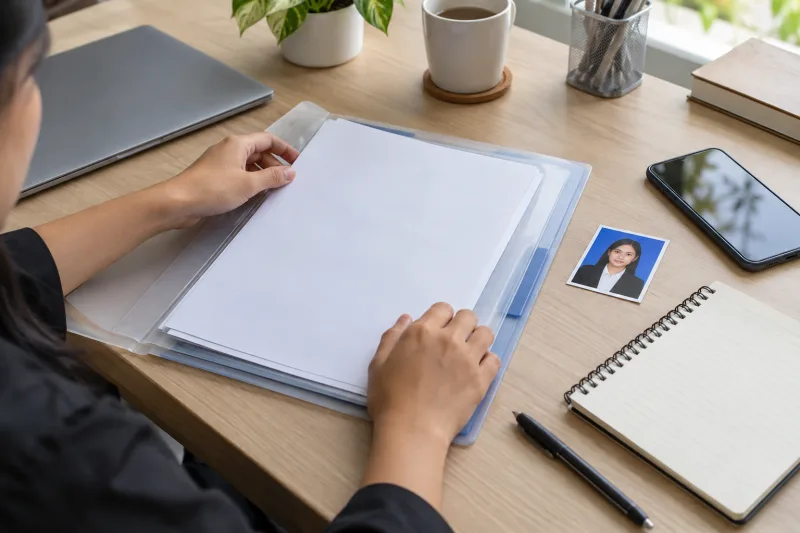 Pencari kerja merapikan berkas lamaran berisi CV dan pas foto di meja kerja